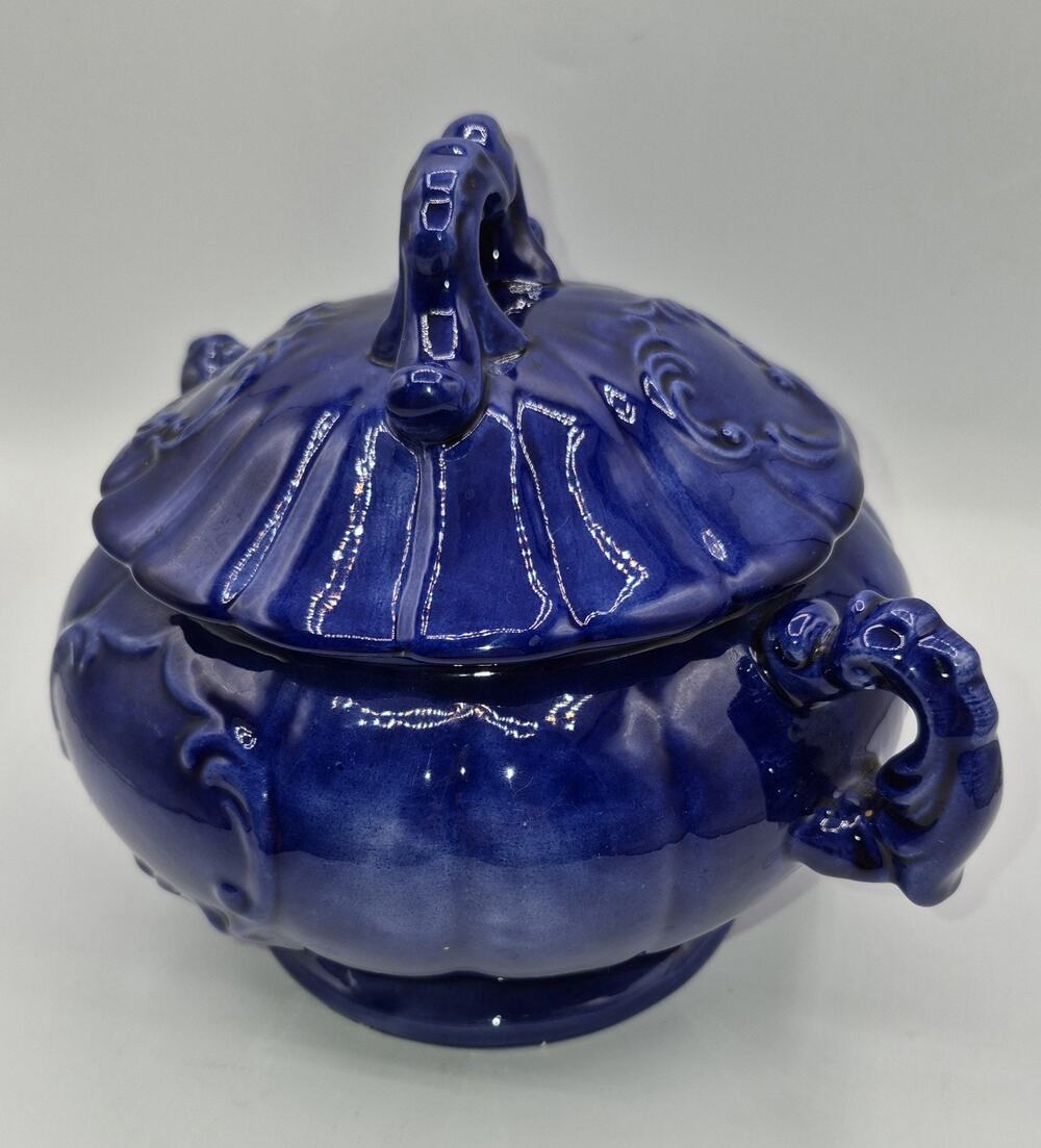 Studio Pottery Blue Stoneware Soup Tureen w/ Lid & Ladle – Mold-Formed – Signed